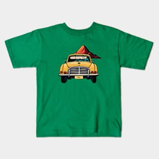 t-shirt design featuring a vintage car with a scenic landscape in the background, detailed illustration, and retro style. Kids T-Shirt